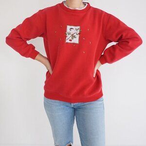 Vintage Jayne B Collection Red Embroidered Christmas Bird Crewneck Sweater S